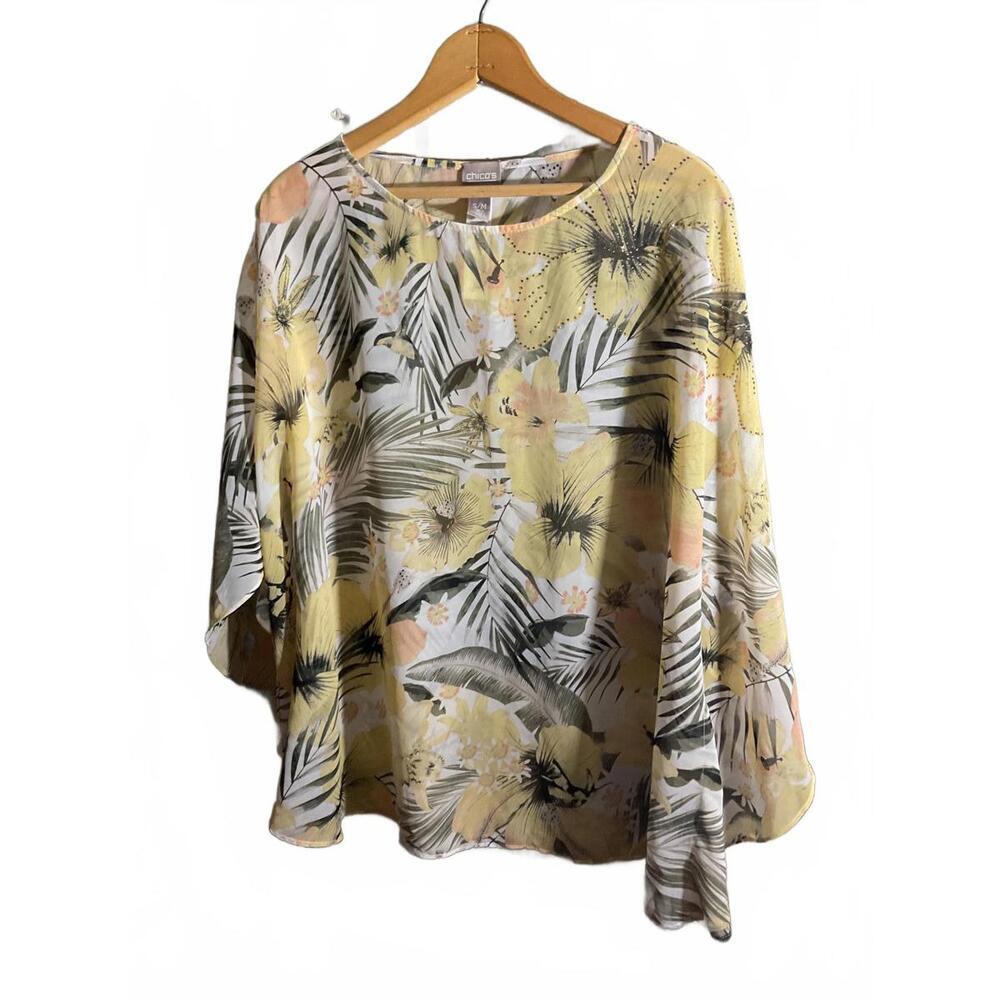 Chico's Floral Tropical Vacation Print Sheer Blouse S/M - Picture 2 of 8